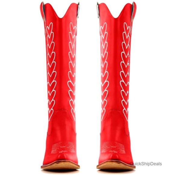 Knee High Cowboy Boots with Hearts, 2 Inch Block Heel, Distressed Western Style - Picture 3 of 4